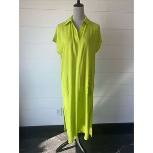 TAHARI Lime Green Linen Blend Midi Lagenlook Dress Pockets Size S